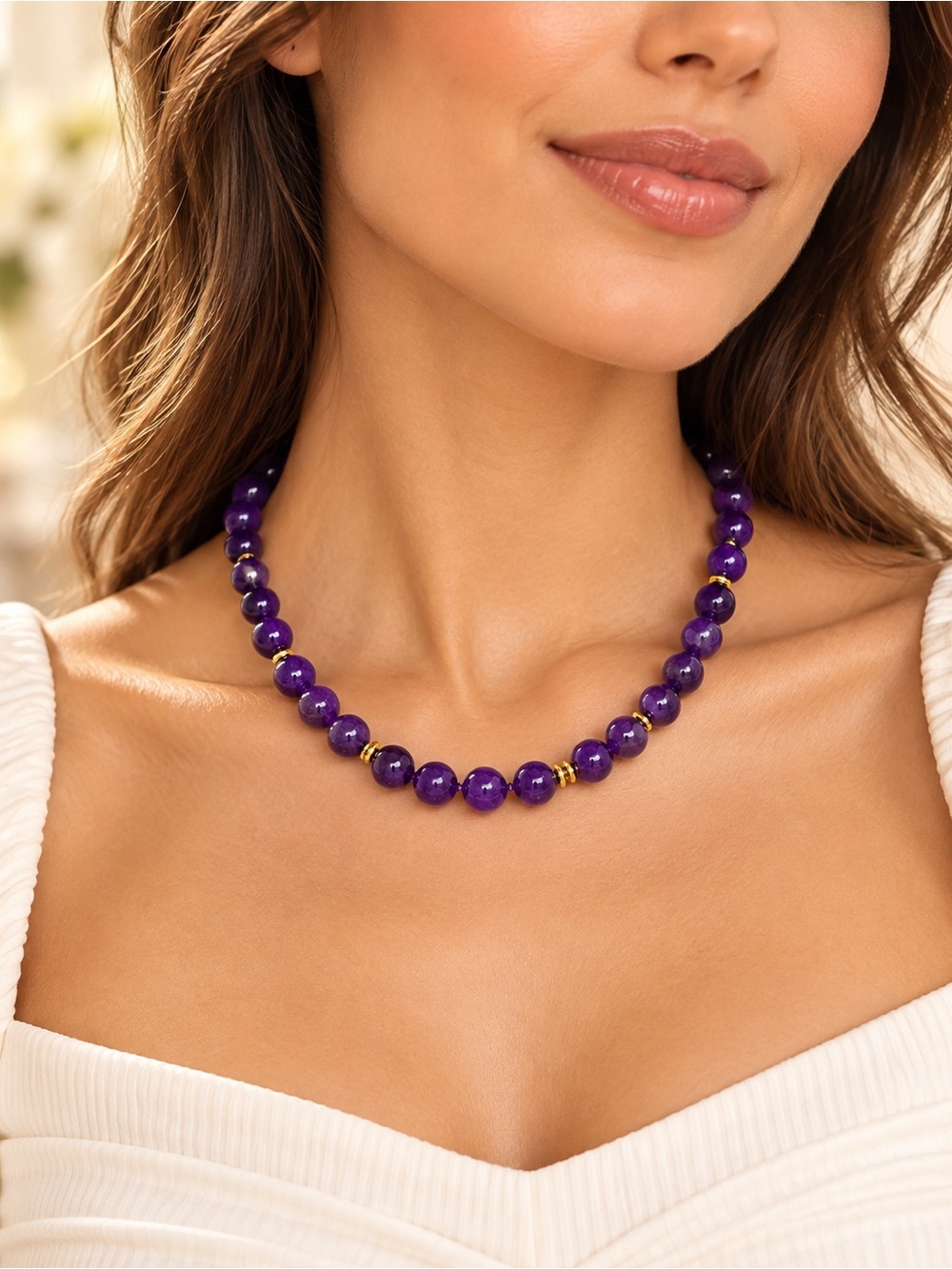 New MAYAMAR deep purple Kunzite Bead Necklace with Gold Accents